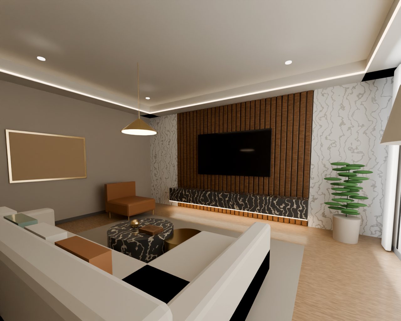 Living room design with a fluted walnut TV wall